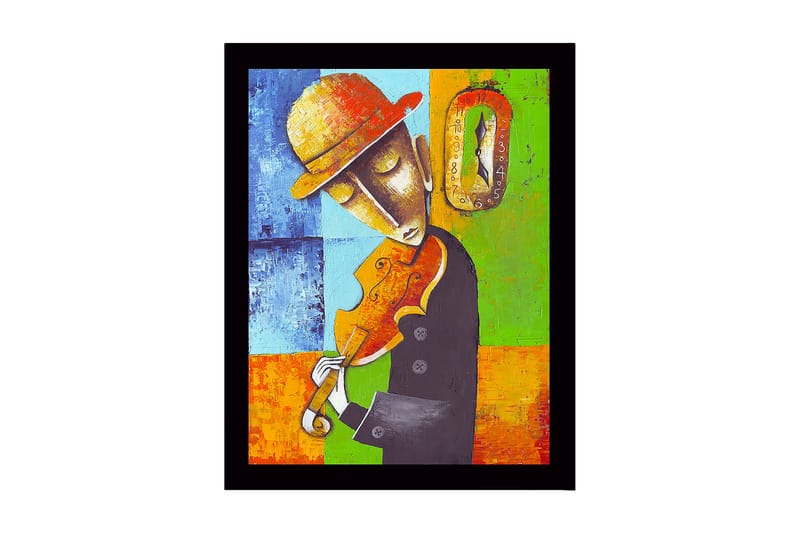 Kehystetty puutaulu canvasille - 41x56 cm - Muusikko soittaa viulua ajan kulumisen aistin vallassa, Sininen / Vihreä / Oranssi