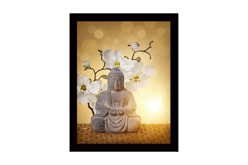 Kehystetty puinen canvas-taulu - 41x56 cm - Buddha-patsas valkoisten magnolioiden ympäröimänä, Harmaa / Valkoinen / Keltainen