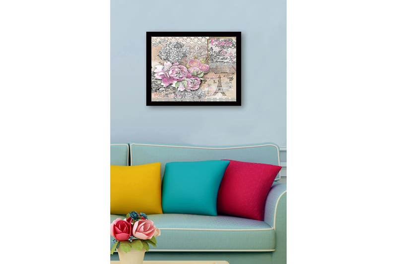 Kehystetty puutaulu canvasille - 41x56 cm - Kukkasommitelma ruusuilla ja vintage-elementeillä - Vaaleanpunainen / Harmaa / Beige - Sisustustuotteet - Taulu & taide