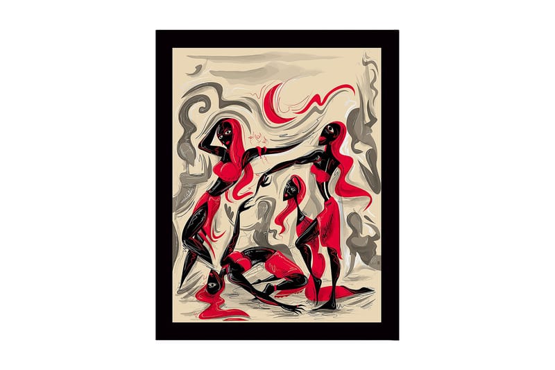 Kehystetty puukangas - 41x56 cm - Dynaaminen sommitelma, jossa kolme liikkuvaa hahmoa, Punainen / Musta / Beige