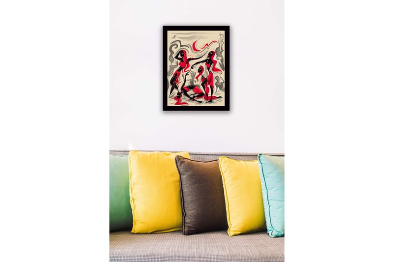 Kehystetty puukangas - 41x56 cm - Dynaaminen sommitelma, jossa kolme liikkuvaa hahmoa - Punainen / Musta / Beige - Sisustustuotteet - Taulu & taide