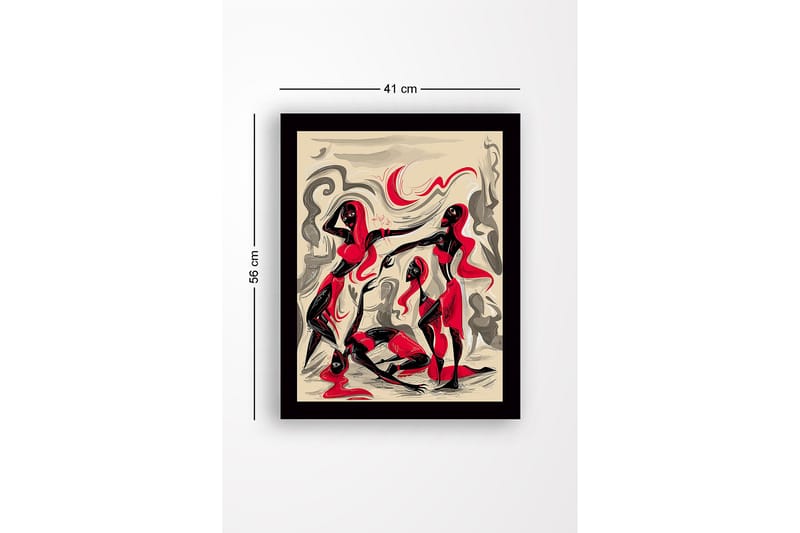 Kehystetty puukangas - 41x56 cm - Dynaaminen sommitelma, jossa kolme liikkuvaa hahmoa - Punainen / Musta / Beige - Sisustustuotteet - Taulu & taide