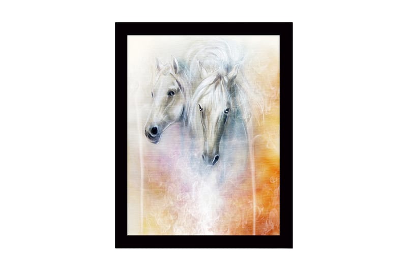 Kehystetty puutaulu canvas-taululla - 41x56 cm - Kaksi majesteettista hevosta pehmeillä piirteillä ja unenomaisella taustalla, Valkoinen / Vaaleanharmaa / Oranssi