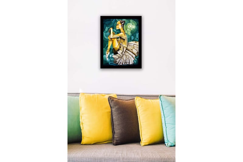 Kehystetty puutaulu canvasille - 41x56 cm - Balettitanssija elegantissa asennossa - Vihreä / Beige / Keltainen - Sisustustuotteet - Taulu & taide