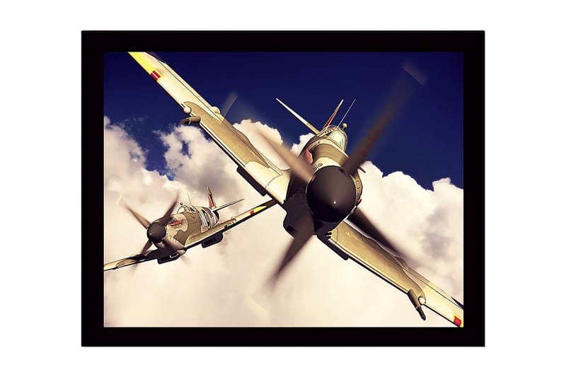 Kehystetty puinen canvas-taulu - 41x56 cm - Lentokone liitelee pilvisellä taivaalla, Harmaa / Sininen / Valkoinen