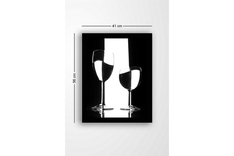Kehystetty puutaulu canvasille - 41x56 cm - Kahden viinilasin siluetti heijastuksilla minimalistisessa sommitelmassa - Musta / Valkoinen / Läpinäkyvä - Sisustustuotteet - Taulu & taide