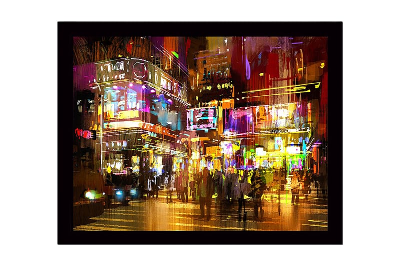 Kehystetty puutaulu canvas-taululla - 41x56 cm - Vilkas kaupunkinäkym ä neonvaloilla ja liikkuvilla ihmisillä, Violetti / Keltainen / Oranssi