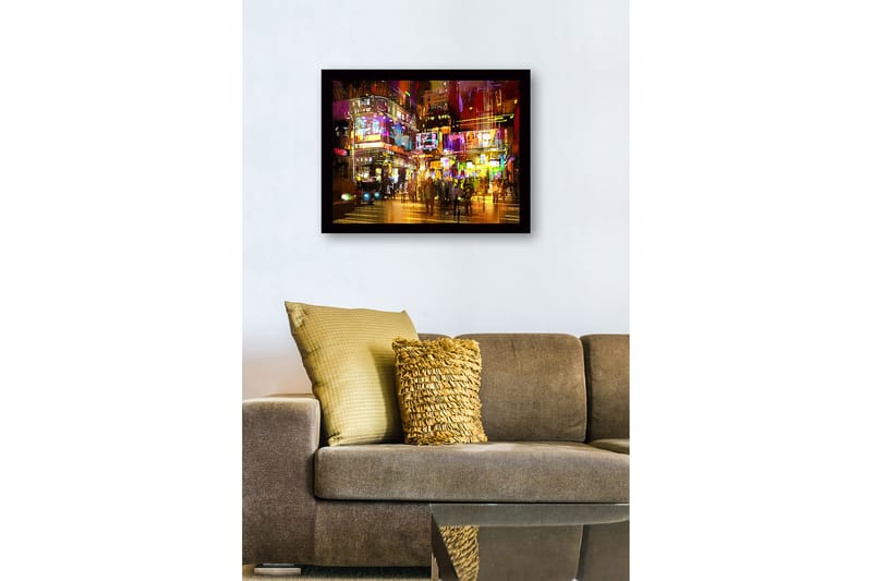 Kehystetty puutaulu canvas-taululla - 41x56 cm - Vilkas kaupunkinäkymä neonvaloilla ja liikkuvilla ihmisillä - Violetti / Keltainen / Oranssi - Sisustustuotteet - Taulu & taide