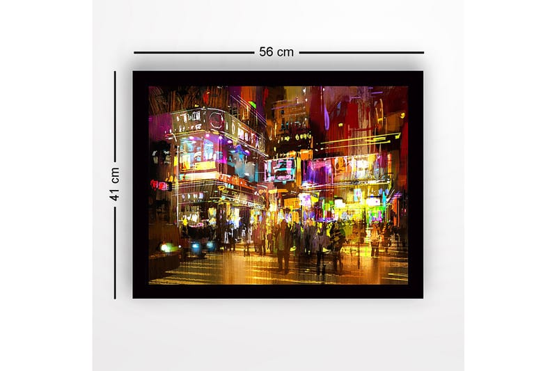 Kehystetty puutaulu canvas-taululla - 41x56 cm - Vilkas kaupunkinäkymä neonvaloilla ja liikkuvilla ihmisillä - Violetti / Keltainen / Oranssi - Sisustustuotteet - Taulu & taide