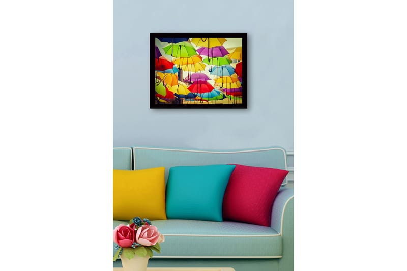 Kehystetty puucanvas - 41x56 cm - Värikkäät sateenvarjot leijuvat kaupunkiympäristön yllä - Keltainen / Vihreä / Punainen - Sisustustuotteet - Taulu & taide