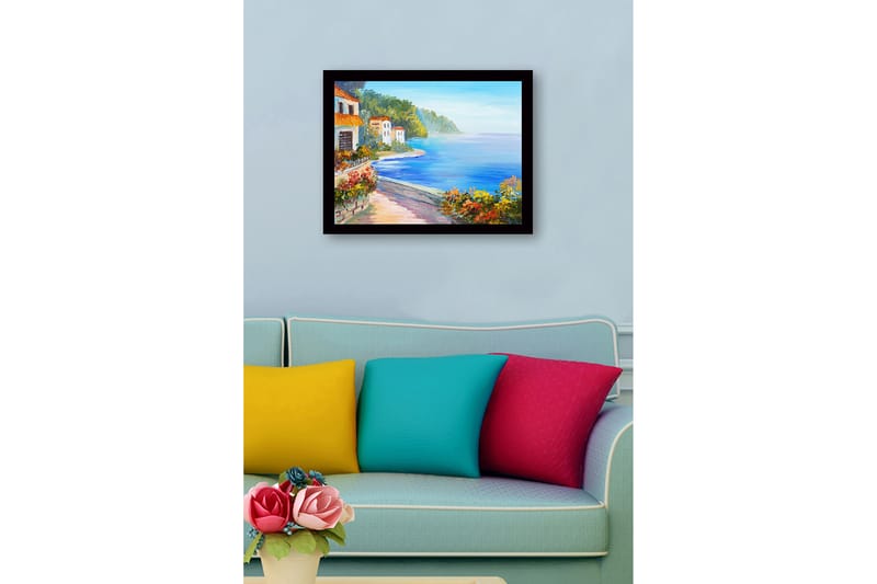 Kehystetty puutaulu canvasille - 41x56 cm - Kaunis rannikkomaisema värikkäillä taloilla ja kukoistavalla kasvillisuudella meren rannalla - Sininen / Vihreä / Oranssi - Sisustustuotteet - Taulu & taide