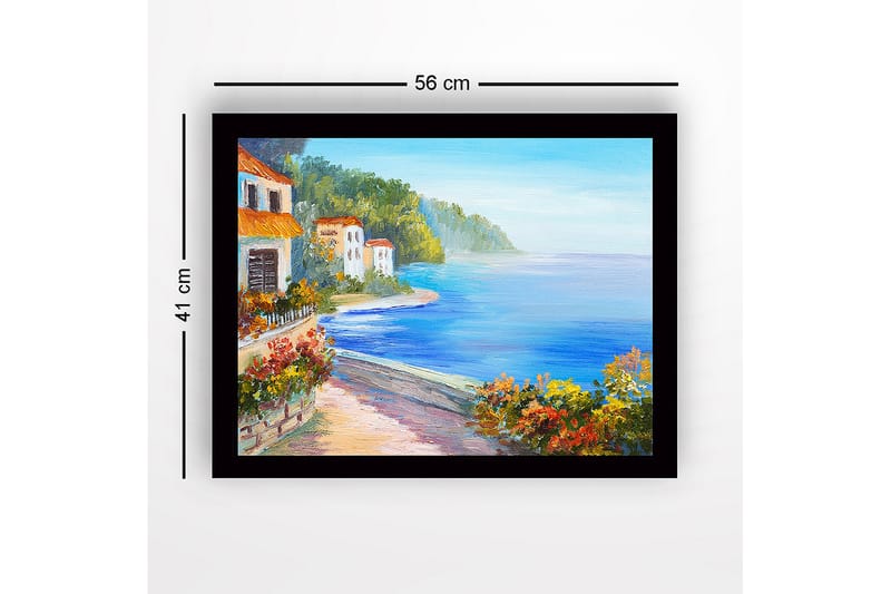 Kehystetty puutaulu canvasille - 41x56 cm - Kaunis rannikkomaisema värikkäillä taloilla ja kukoistavalla kasvillisuudella meren rannalla - Sininen / Vihreä / Oranssi - Sisustustuotteet - Taulu & taide