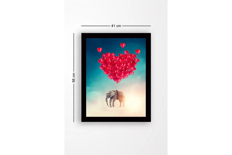 Kehystetty puinen canvas-taulu - 41x56 cm - Elefantti kelluu sydämenmuotoisten ilmapallojen kanssa - Punainen / Harmaa / Turkoosi - Sisustustuotteet - Taulu & taide