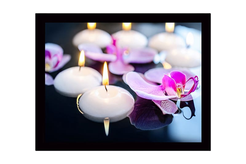 Kehystetty puupohja - 41x56 cm - Kelluva valo ja orkideat harmonisessa vuorovaikutuksessa, Valkoinen / violetti