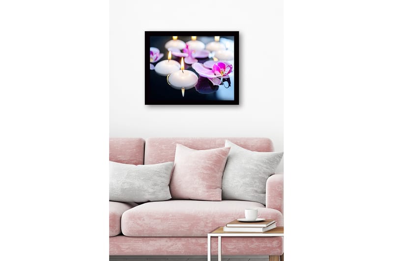 Kehystetty puupohja - 41x56 cm - Kelluva valo ja orkideat harmonisessa vuorovaikutuksessa - Valkoinen / violetti - Sisustustuotteet - Taulu & taide