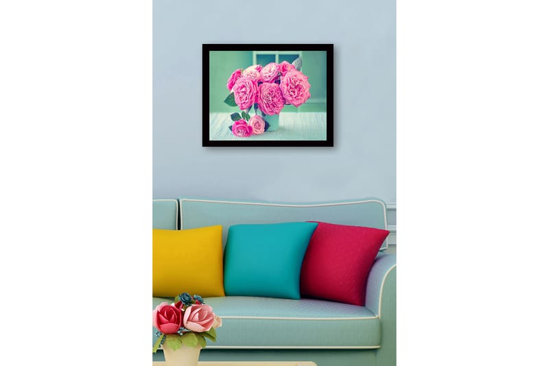 Kehystetty puucanvas - 41x56 cm - Värikäs ruusukimppu - Vaaleanpunainen / Vihreä / Valkoinen - Sisustustuotteet - Taulu & taide