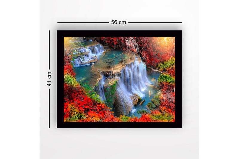 Kehystetty puutaulu canvas-taululla - 41x56 cm - Vesiputous värikkäiden syksynlehtien ympäröimänä - Punainen / Vihreä / Sininen - Sisustustuotteet - Taulu & taide