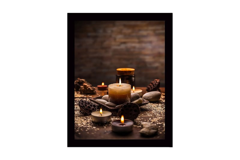 Kehystetty puukangas - 41x56 cm - Tunnelmallinen kynttilöiden ja kivien kokoelma, Kulta / Ruskea / Harmaa