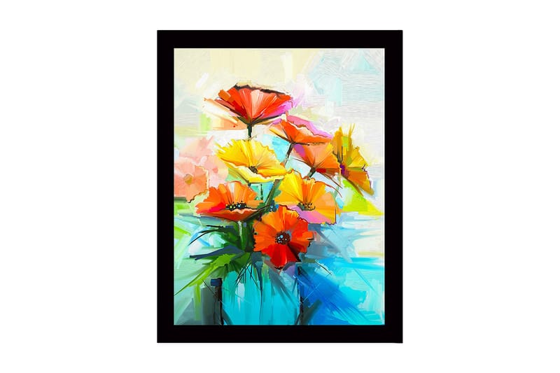 Kehystetty puutaulu canvasille - 41x56 cm - Värikäs kukkakimppu maljakossa, Punainen / Keltainen / Vihreä