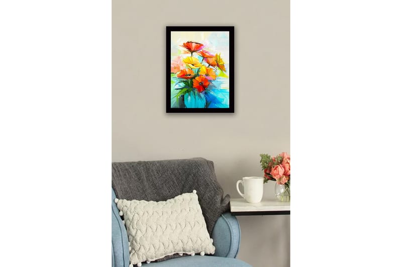 Kehystetty puutaulu canvasille - 41x56 cm - Värikäs kukkakimppu maljakossa - Punainen / Keltainen / Vihre ä - Sisustustuotteet - Taulu & taide