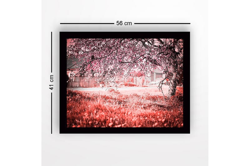 Kehystetty puutaulu canvasille - 41x56 cm - Kukkivia kirsikkapuita unenomaisessa maisemassa - Vaaleanpunainen / Vihreä / Valkoinen - Sisustustuotteet - Taulu & taide