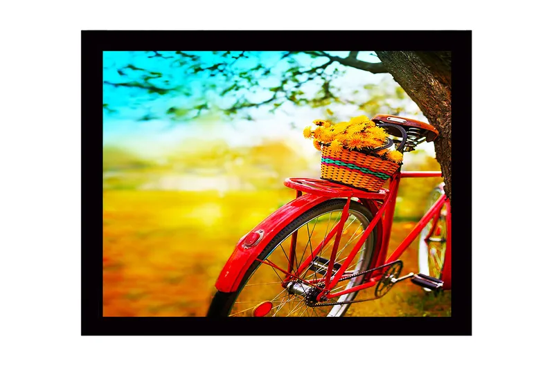 Kehystetty puutaulu canvasille - 41x56 cm - Punainen polkupyörä ja kukkien täyttämä kori, Punainen / Keltainen / Vihreä