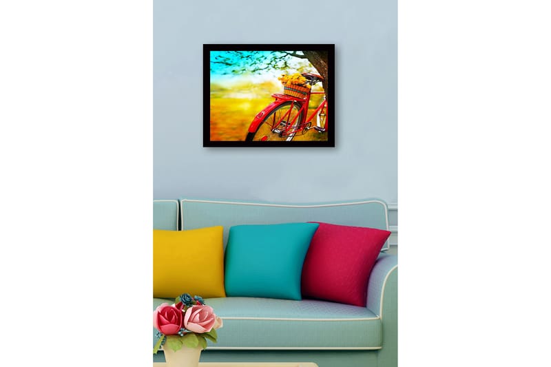 Kehystetty puutaulu canvasille - 41x56 cm - Punainen polkupyörä ja kukkien täyttämä kori - Punainen / Keltainen / Vihreä - Sisustustuotteet - Taulu & taide