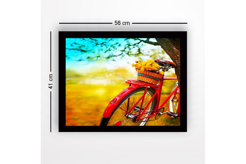 Kehystetty puutaulu canvasille - 41x56 cm - Punainen polkupyörä ja kukkien täyttämä kori - Punainen / Keltainen / Vihreä - Sisustustuotteet - Taulu & taide