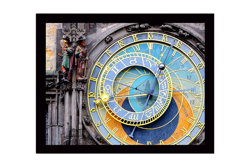 Kehystetty puutaulu canvasille - 41x56 cm - Astronominen kello yksityiskohtaisilla ympyröillä ja symboleilla, Kulta / Sininen / Oranssi