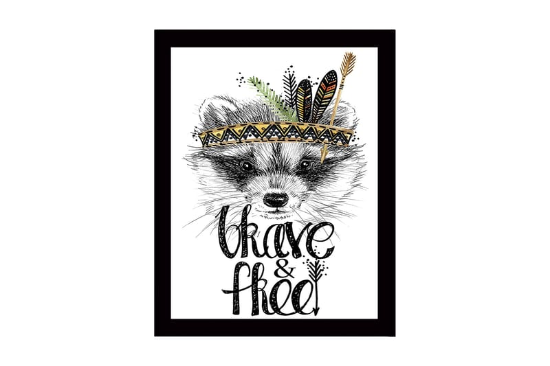 Kehystetty puutaulu canvasille - 41x56 cm - Kettu höyhenillä ja koristeellisella päähineellä, Musta / Kulta / Valkoinen