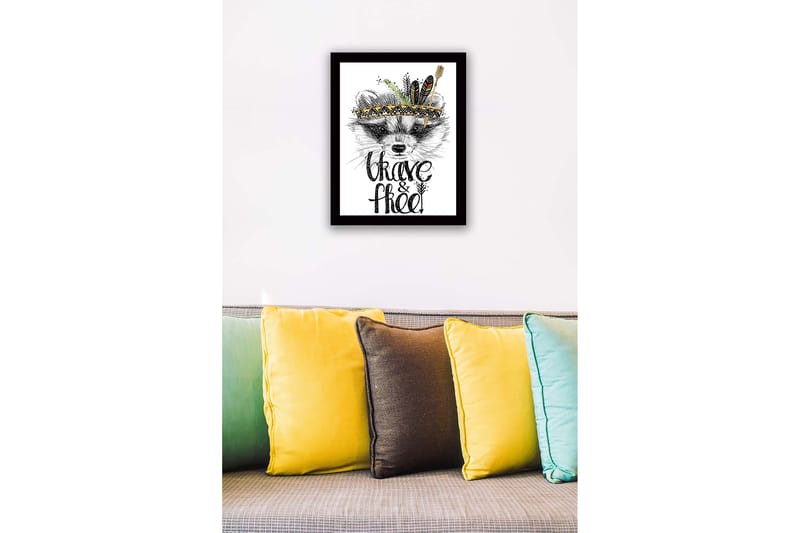 Kehystetty puutaulu canvasille - 41x56 cm - Kettu höyhenillä ja koristeellisella päähineellä - Musta / Kulta / Valkoinen - Sisustustuotteet - Taulu & taide