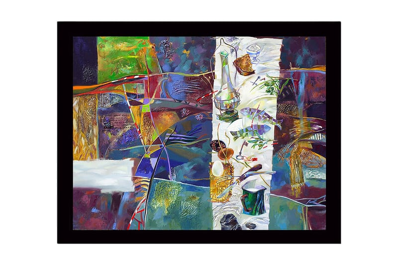 Kehystetty puukangas - 41x56 cm - Abstrakti asetelma ruoasta ja keittiövälineistä, Vihreä / Violetti / Kulta