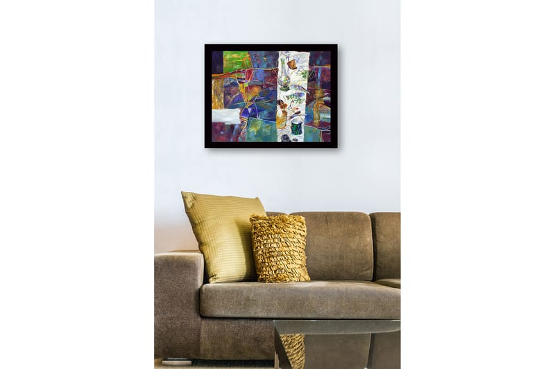 Kehystetty puukangas - 41x56 cm - Abstrakti asetelma ruoasta ja keittiövälineistä - Vihreä / Violetti / Kulta - Sisustustuotteet - Taulu & taide