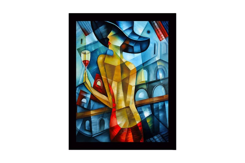 Kehystetty puutaulu canvasille - 41x56 cm - Elegantti nainen viinilasin kanssa värikkäässä ympäristössä, Sininen / Punainen / Keltainen