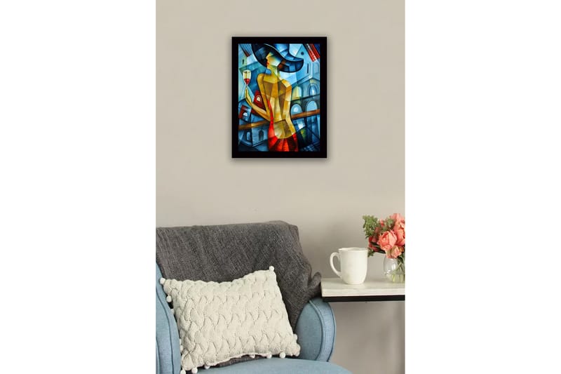 Kehystetty puutaulu canvasille - 41x56 cm - Elegantti nainen viinilasin kanssa värikkäässä ympäristössä - Sininen / Punainen / Keltainen - Sisustustuotteet - Taulu & taide