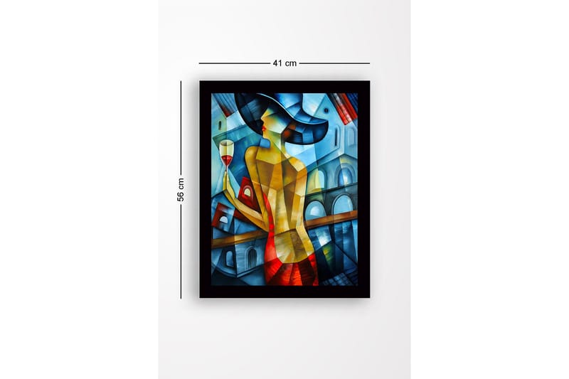 Kehystetty puutaulu canvasille - 41x56 cm - Elegantti nainen viinilasin kanssa värikkäässä ympäristössä - Sininen / Punainen / Keltainen - Sisustustuotteet - Taulu & taide