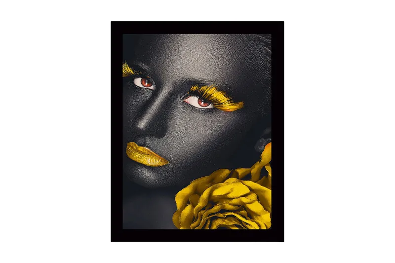 Kehystetty puutaulu canvasille - 41x56 cm - Muotokuva mustaihoisesta naisesta keltaisilla yksityiskohdilla, Musta / Keltainen / Punainen