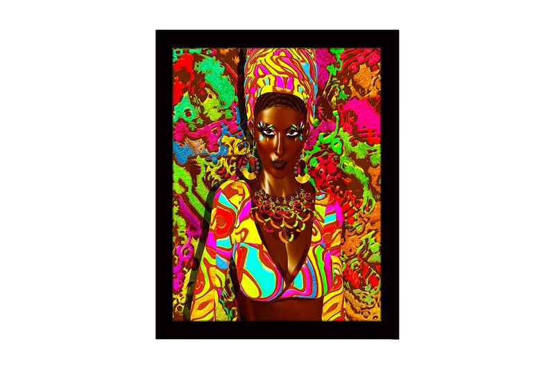 Kehystetty puutaulu canvasille - 41x56 cm - Värikäs muotokuva naisesta perinteisissä koruissa ja vaatteissa, Vaaleanpunainen / Vihreä / Oranssi