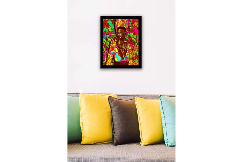 Kehystetty puutaulu canvasille - 41x56 cm - Värikäs muotokuva naisesta perinteisissä koruissa ja vaatteissa - Vaaleanpunainen / Vihreä / Oranssi - Sisustustuotteet - Taulu & taide