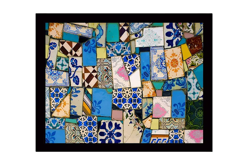 Kehystetty puukangas - 41x56 cm - Värikäs keraamisten laattojen mosaiikki, Sininen / Vihreä / Oranssi