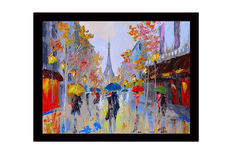 Kehystetty puutaulu canvasille - 41x56 cm - Vilkas kaupunkikuva, jossa ihmiset kantavat sateenvarjoja sateessa, Keltainen / Sininen / Punainen