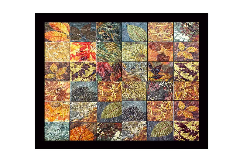 Kehystetty puukangas - 41x56 cm - Mosaiikki eri lehtiä eri väreissä ja tekstuureissa, Kulta / Punainen / Vihreä