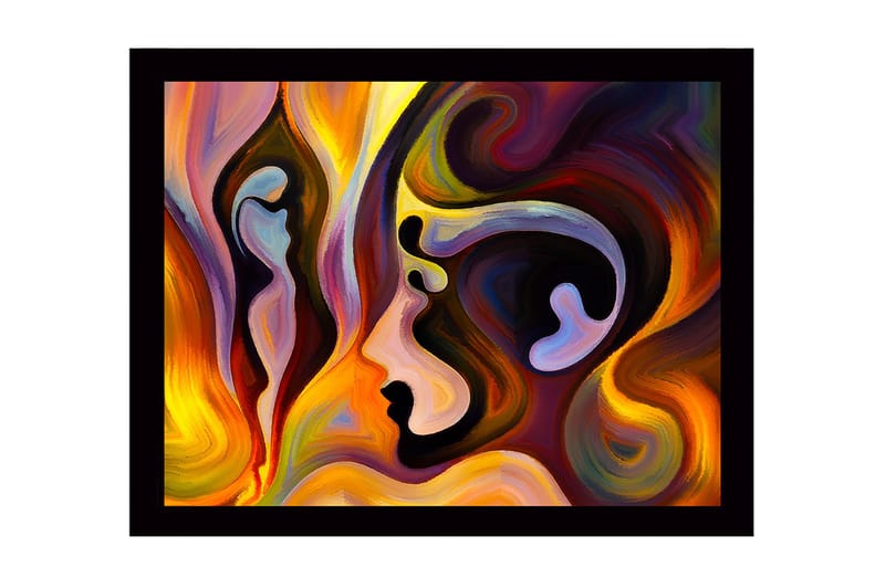 Kehystetty puucanvas - 41x56 cm - Abstrakti muotokuva kasvoista virtaavissa muodoissa - Kulta / Tummanpunainen / Violetti - Sisustustuotteet - Taulu & taide