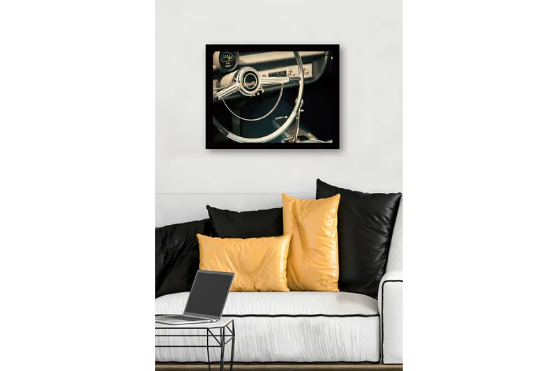 Kehystetty puutaulu canvasille - 41x56 cm - Klassinen auton sisustus kromisella ohjauspyörällä - Kromi / Vaaleansininen / Musta - Sisustustuotteet - Taulu & taide