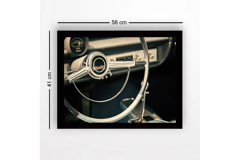 Kehystetty puutaulu canvasille - 41x56 cm - Klassinen auton sisustus kromisella ohjauspyörällä - Kromi / Vaaleansininen / Musta - Sisustustuotteet - Taulu & taide