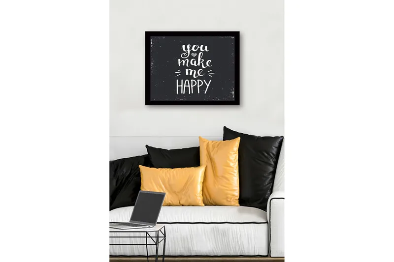 Kehystetty puutaulu canvasille - 41x56 cm - Inspiroiva teksti viestillä you make me happy - Valkoinen / Musta - Sisustustuotteet - Taulu & taide