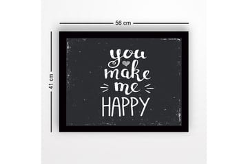 Kehystetty puutaulu canvasille - 41x56 cm - Inspiroiva teksti viestillä you make me happy - Valkoinen / Musta - Sisustustuotteet - Taulu & taide