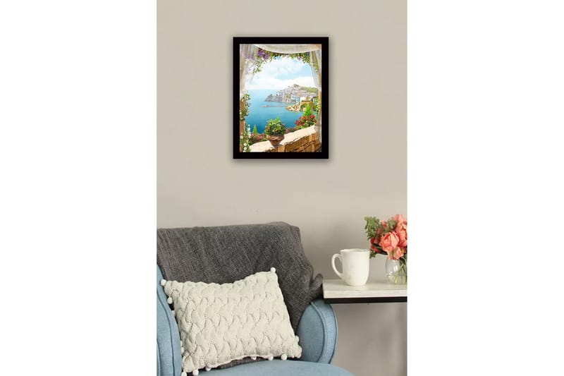 Kehystetty puutaulu canvasille - 41x56 cm - Näkymä rannikkokaupungista kukkien kanssa etualalla - Sininen / Vihreä / Vaaleanpunainen - Sisustustuotteet - Taulu & taide