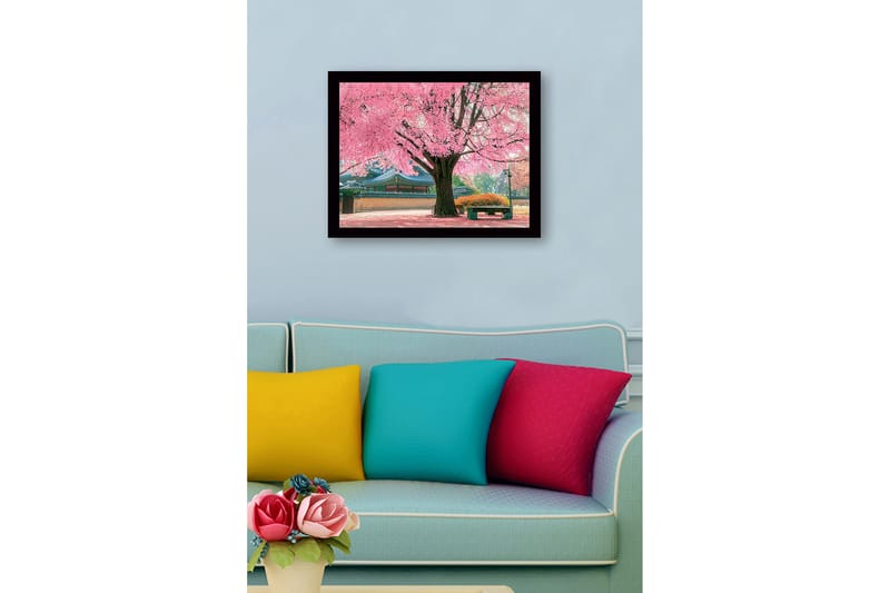 Kehystetty puutaulu canvasille - 41x56 cm - Kukkivia kirsikkapuita kauniissa puistoympäristössä - Vaaleanpunainen / Vihreä / Ruskea - Sisustustuotteet - Taulu & taide