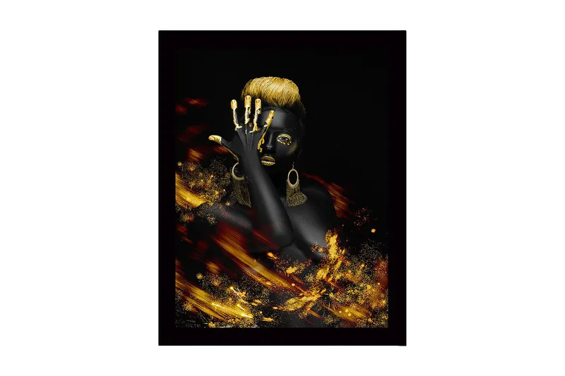 Kehystetty puutaulu canvasille - 41x56 cm - Elegantti nainen kultaisilla yksityiskohdilla ja mustalla taustalla, Musta / Kulta